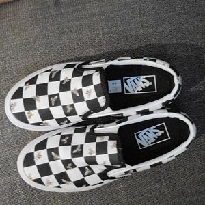 Vans with checkerboard and bee print slip-ons